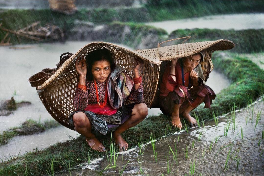  在斗笠下躲雨的人，Steve McCurry摄于1984年尼泊尔。 