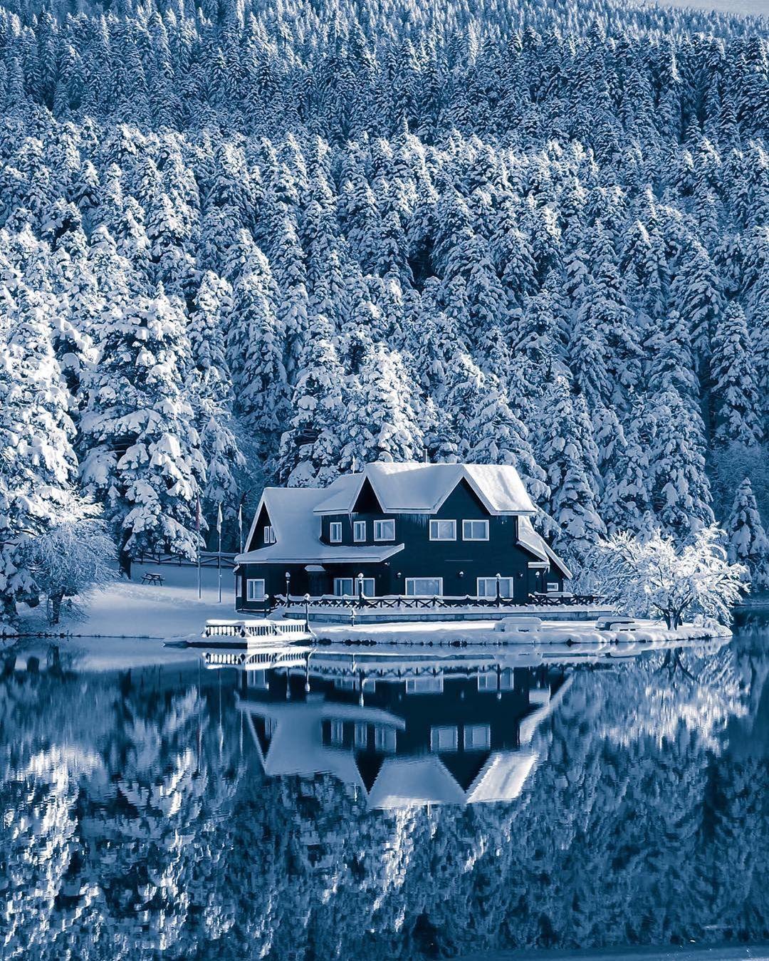  大雪覆盖的湖边小屋，Neslihan摄于土耳其博卢。 