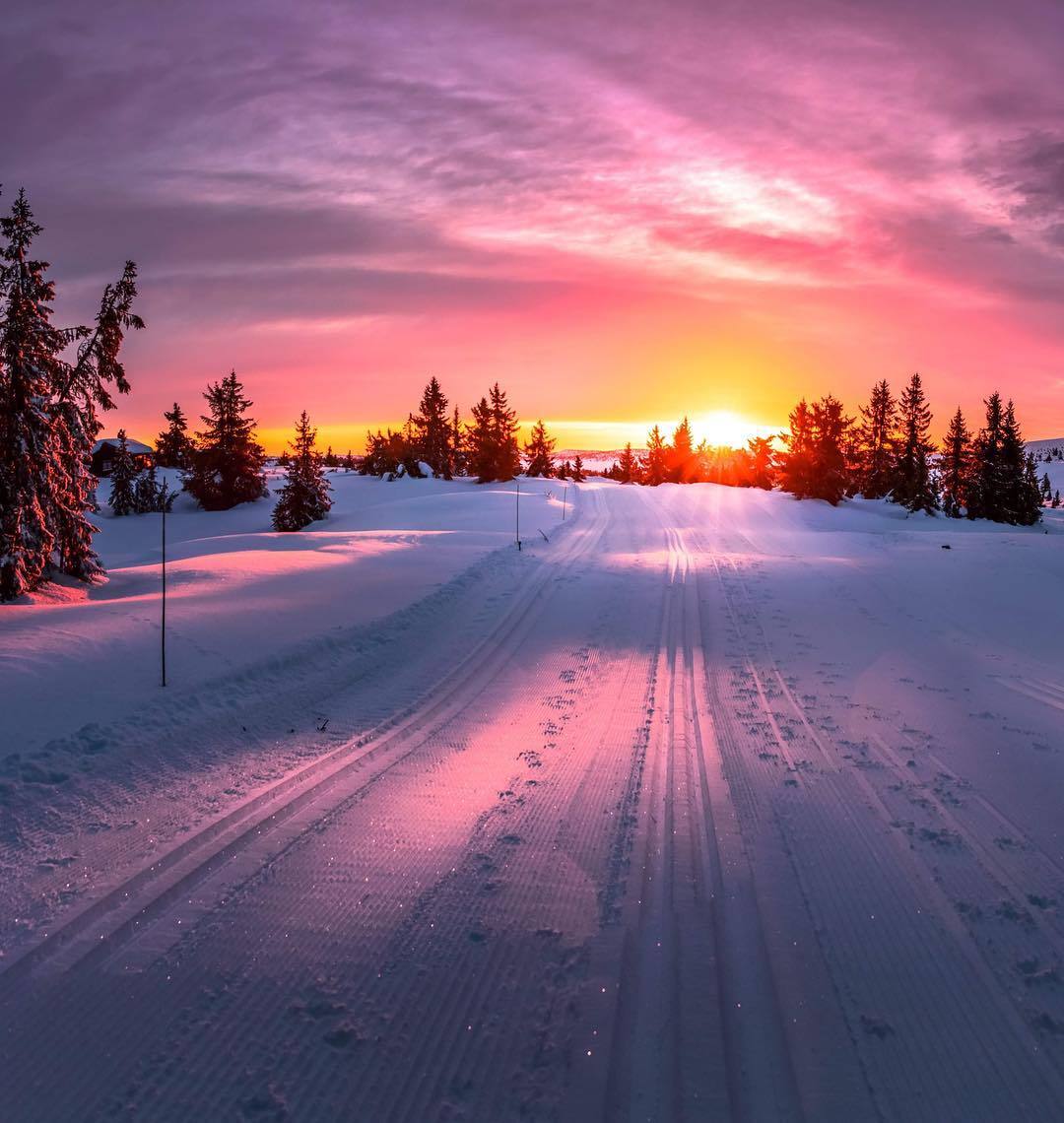  雪地上的日出，Jappern摄于挪威Gudbrandsdalen。 