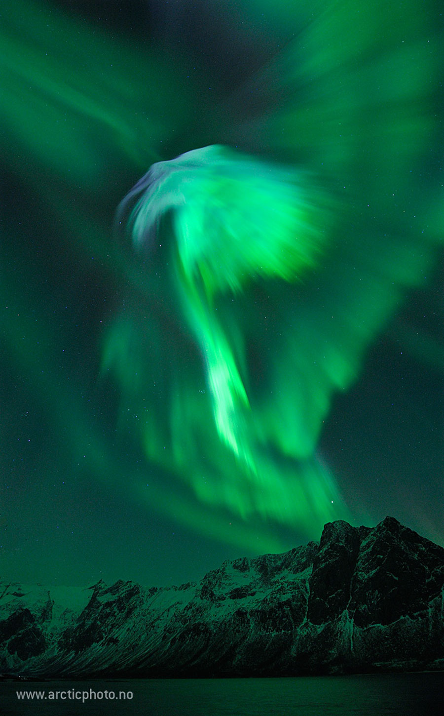  2019年8月2日<br />挪威上空的鷹狀極光 <br />影像提供與版權: Bjørn Jørgensen <br />說明: 天空中那是什麼？極光是也。 在2012年拍下這幅影像的5天前，太陽發生了一次大規模的日冕物質拋射，把一大團高速運動的電子、質子與離子灑向地球。 雖然這團物質雲大多從地球上方掠過，但仍有部分撞到我們地球的磁層，造成北半球高緯度地區都得見的精采極光。 這張攝於挪威．Grotfjord村的主題影像，呈現了其中一個特別美麗的極光冕。 <br /> 