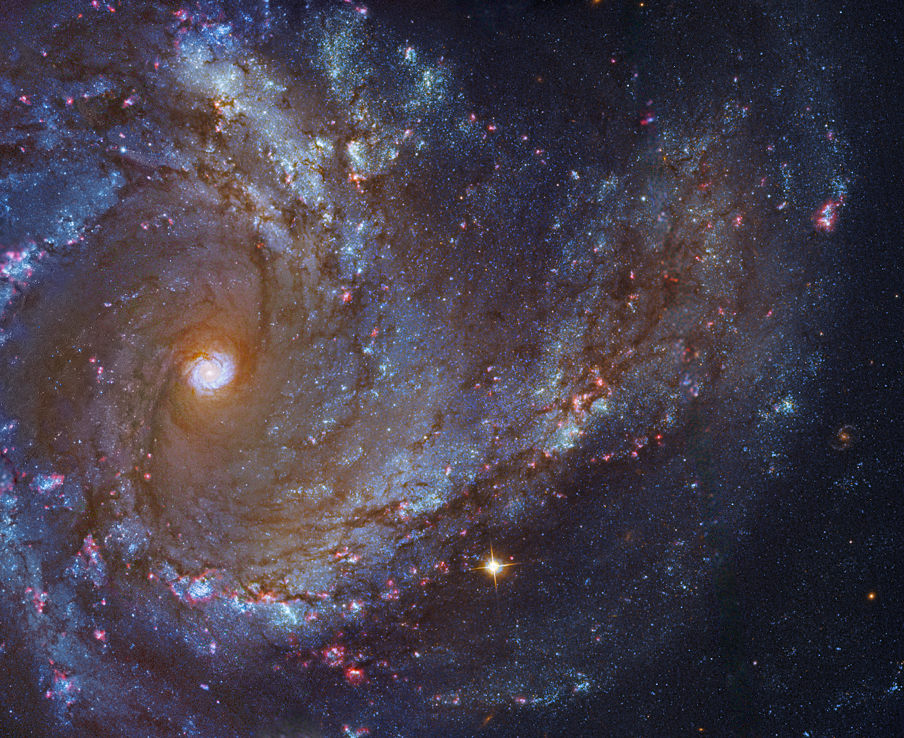  2019年8月28日<br />M61特寫 <br />影像提供: NASA, ESA, Hubble, ESO, 業餘影像; 影像處理與版權: Robert Gendler & Roberto Colombari <br />說明: 這幅呈現正向螺旋星系M61的壯麗影像，整合了來自哈伯太空望遠鏡、歐南天文台、與數部地面小望遠鏡的影像數據。 隸屬於室女座星系團的M61，又名為NGC 4303，距離我們只有5千5百萬光年遠。<br /> 