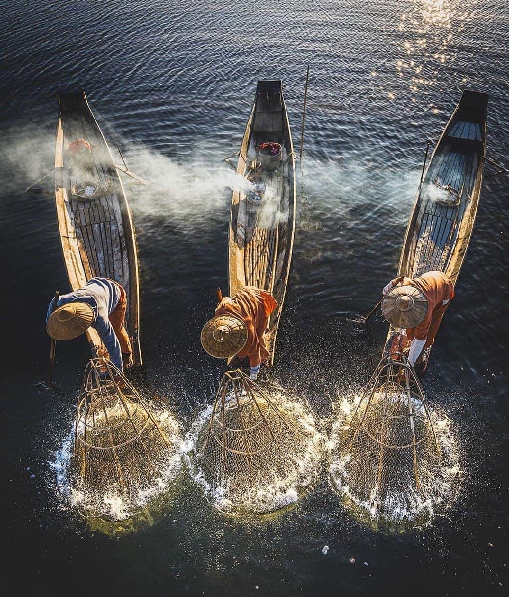  缅甸莱茵湖上的渔民，来自摄影师KenKen。 