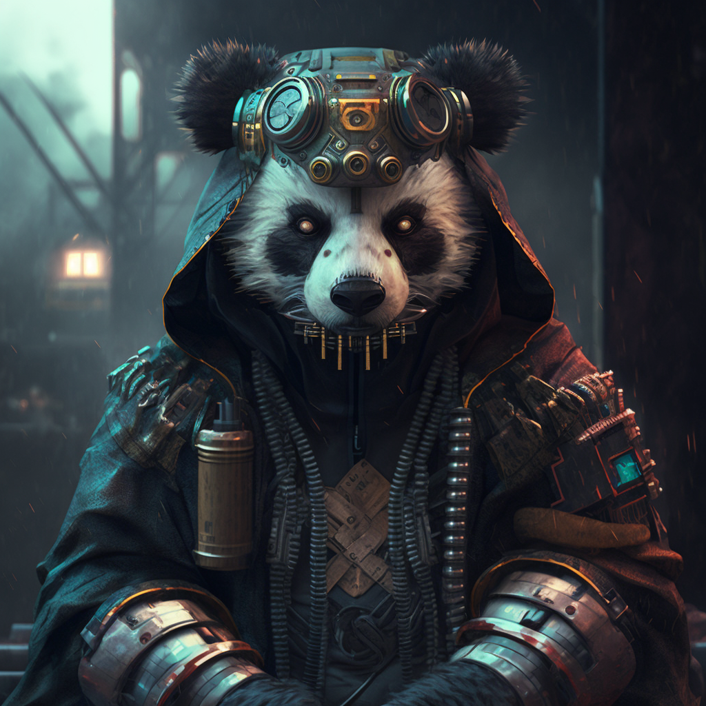  Midjourney：cyberpunk panda, photorealistic style。 