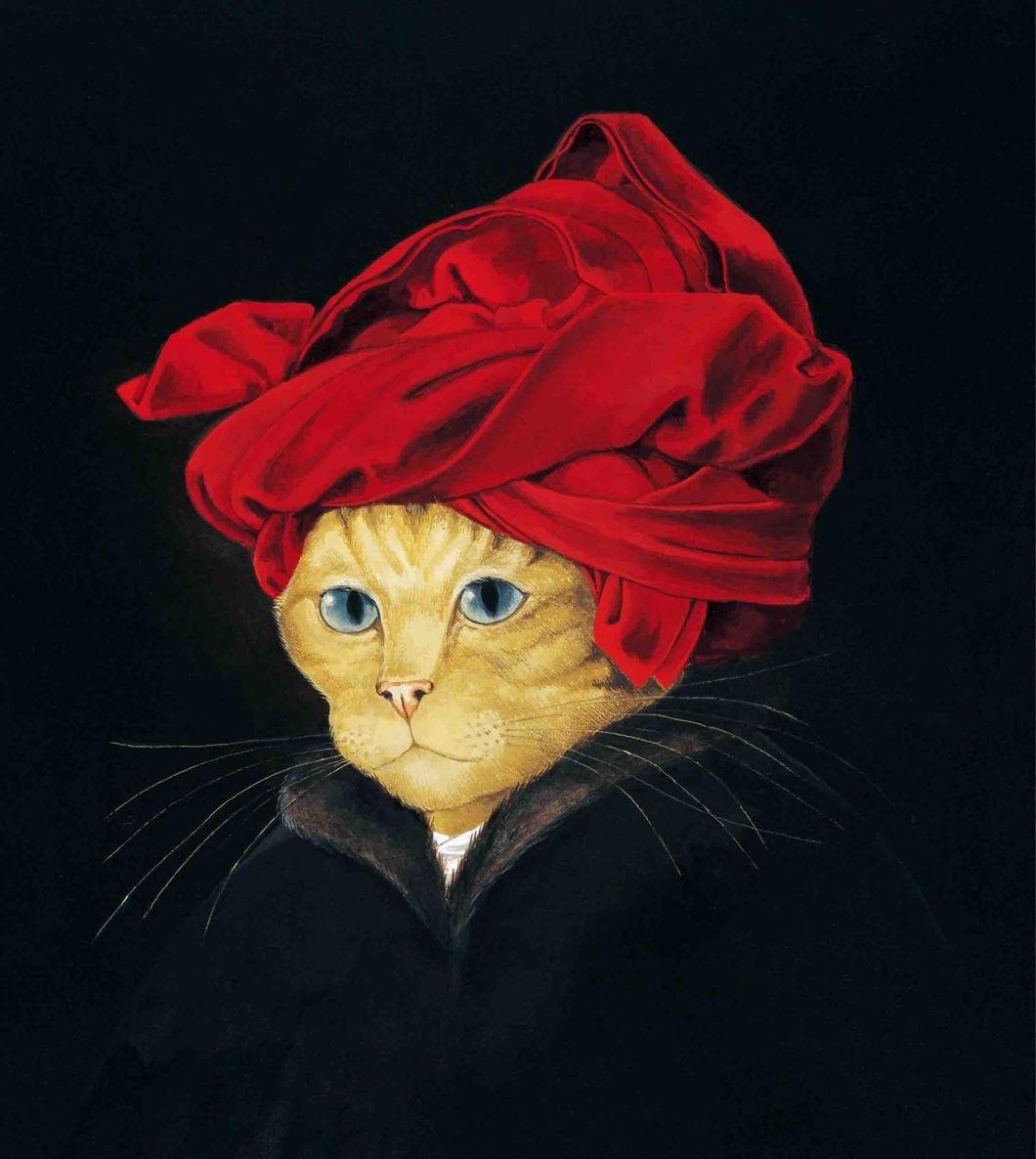 包着红头巾的男子，扬·凡·艾克　1433年。<br/>《如果名画都是猫》