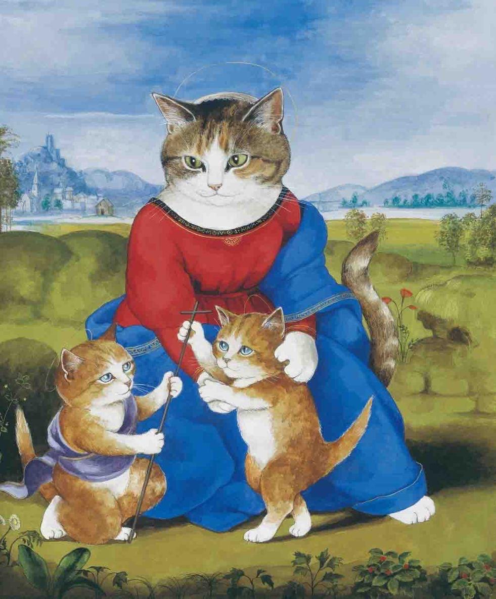 草地上的圣母，拉斐尔，1506年。<br/>《如果名画都是猫》